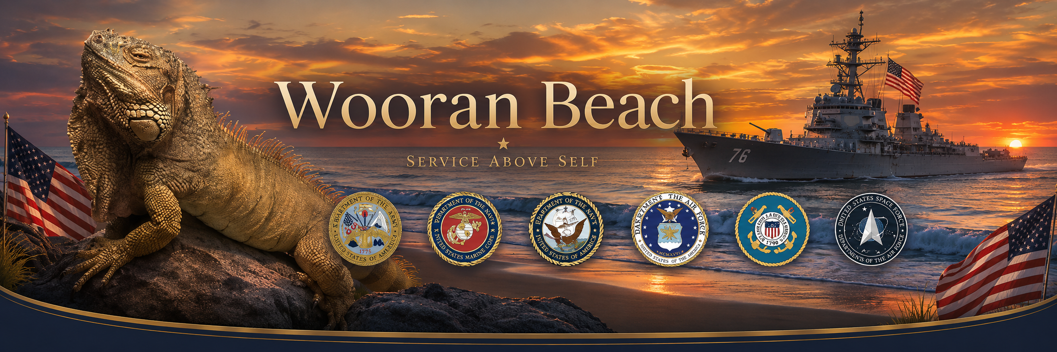 Wooran Beach, Service Above Self, with Amadeus, U.S. military emblems, American flags, and a Navy ship at sunset