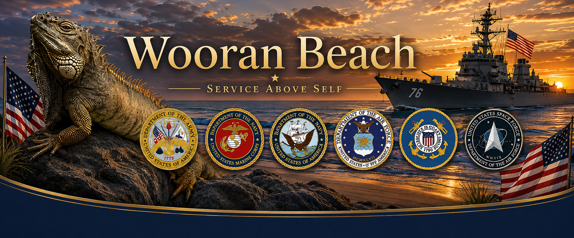 Wooran Beach, Service Above Self, with Amadeus, U.S. military emblems, American flags, and a Navy ship at sunset
